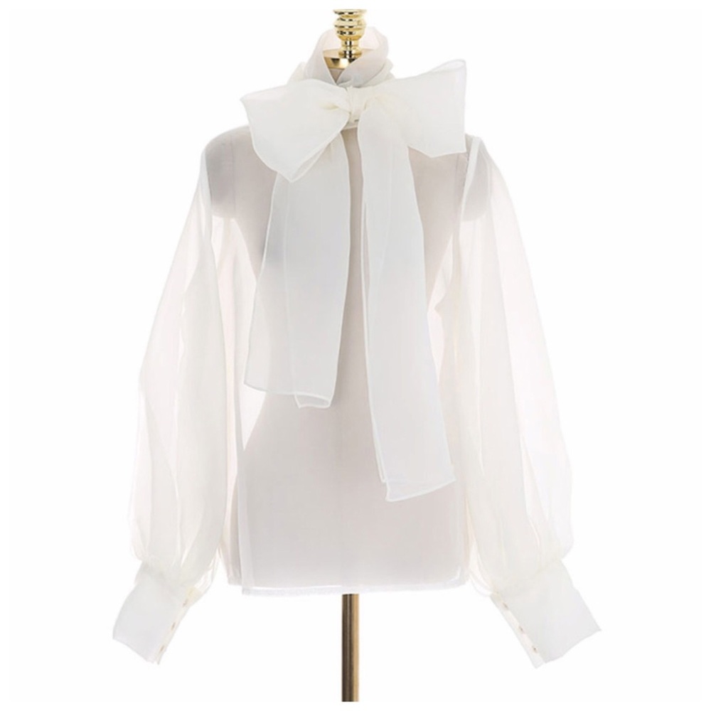 Black & White Sheer Organza Dramatic Bow Top - Picture 7 of 8